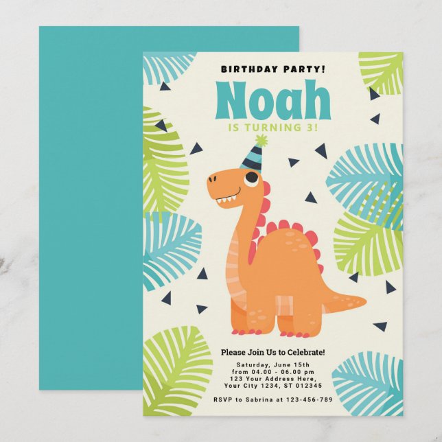 Cute Dinosaur Invitation de fête d'anniversaire (Devant / Derrière)