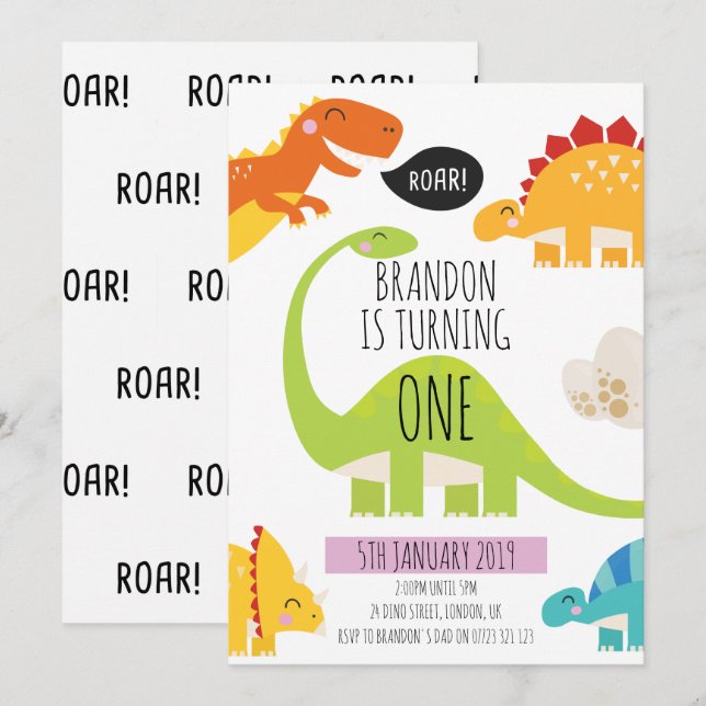 Cute Dinosaur Invitation de fête d'anniversaire (Devant / Derrière)