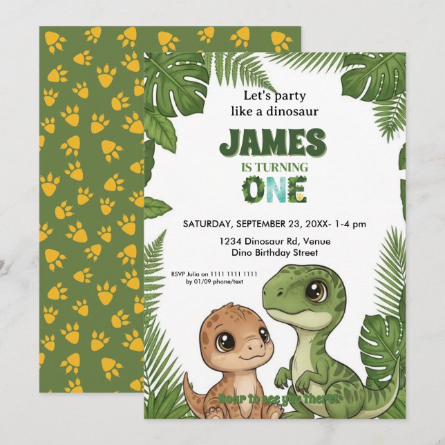 Cute Dinosaur Jungle First Birthday Invitation (Devant / Derrière)
