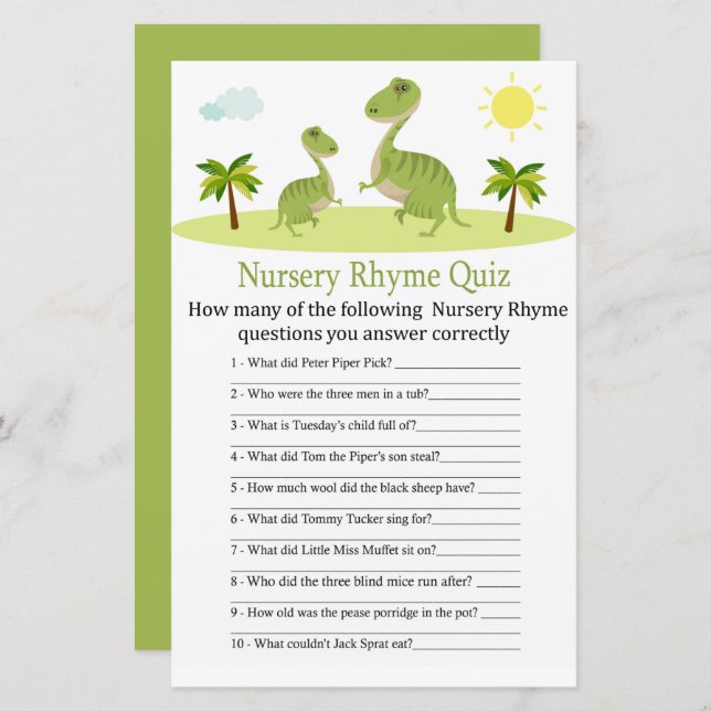 Cute Dinosaur Nursery Rhyme Quiz jeu de baby showe (Devant / Derrière)