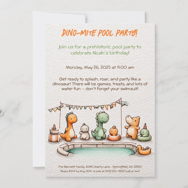 Cute Dinosaur Pool Party Anniversaire Invitation (Devant)