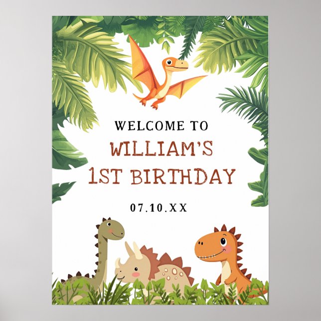 Cute Dinosaur Verdure Affiche de bienvenue d'anniv (Devant)