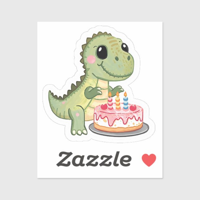 Cute Dinosaur with Birthday Cake Sticker (Feuille)