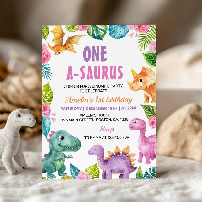 Cute Dinosaures Fille 1er Anniversaire Invitation (Créateur téléchargé)