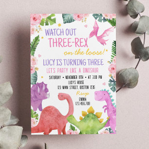 Cute Dinosaures Girl Birthday Invitation