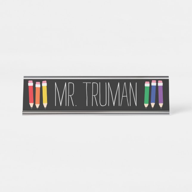 Cute Doodle Pencils Nom de l'enseignant Plaque (Devant)