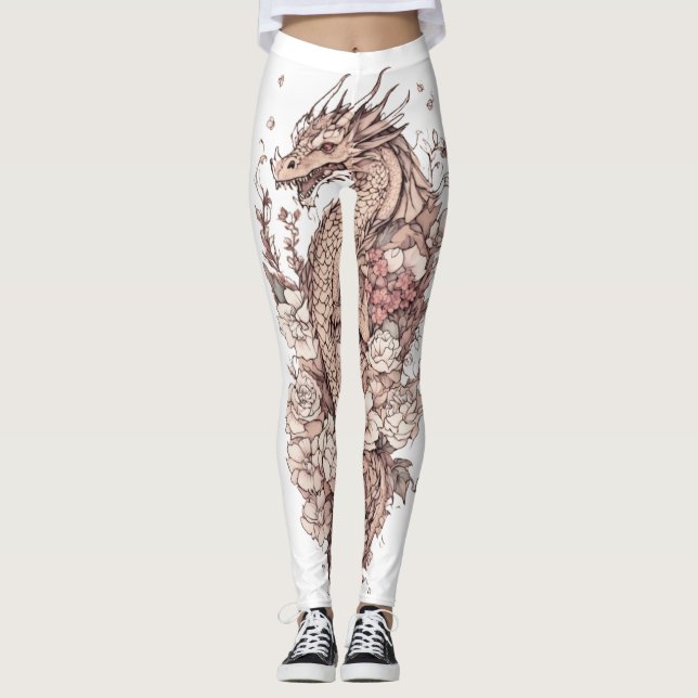 "Cute Dragon Blooms : Leggings de tatouage Floral" (Devant)