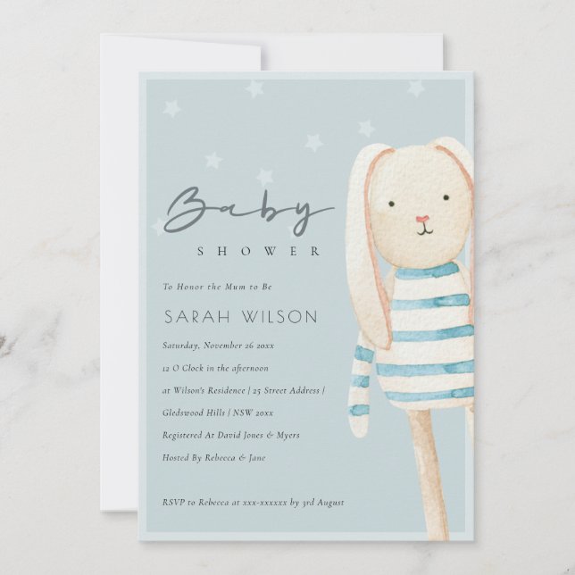 Cute Dusky Blue Bunny Baby shower Invitation (Devant)