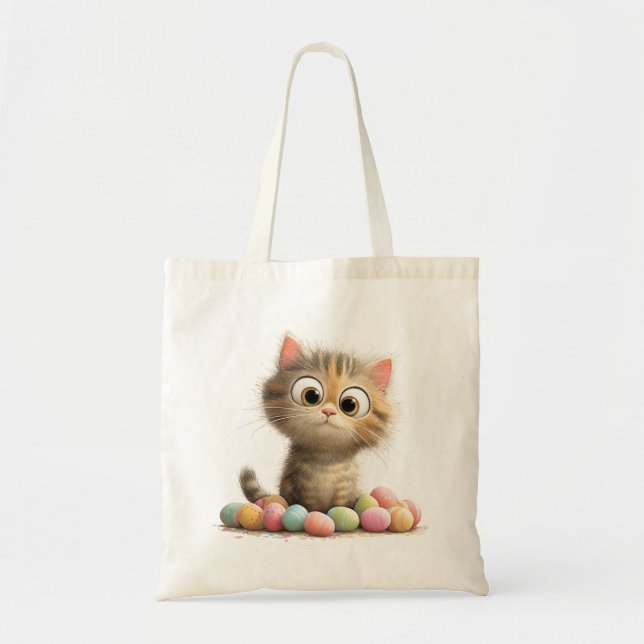 Cute Easter Cat Tote Bag with Pastel Eggs (Devant)