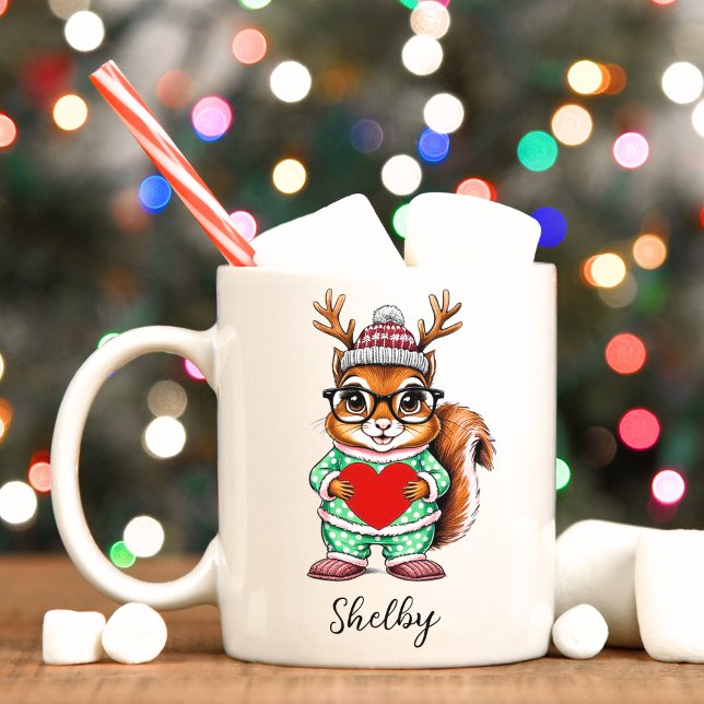 Cute écureuil Noël Custom Holiday Mug (Cute reindeer squirrel with Christmas personalized mug. )