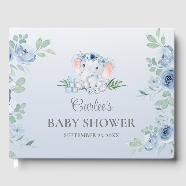 Cute Elephant Blue Floral Baby shower Livre d'or (Recto)