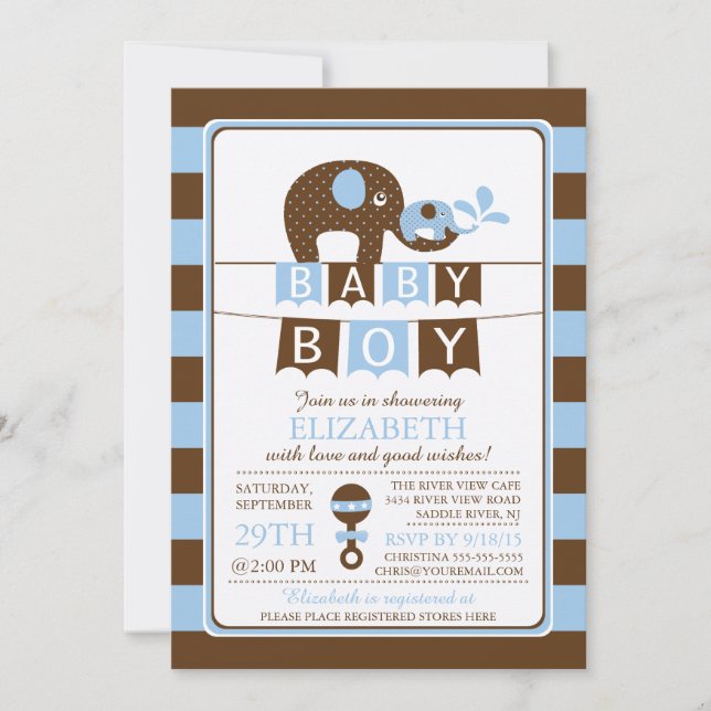 Cute Elephant Boys Baby shower Invitation (Devant)