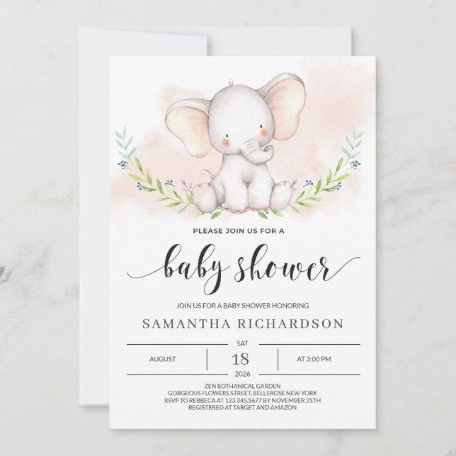 Cute Elephant Girl Baby shower Invitation Blush (Devant)