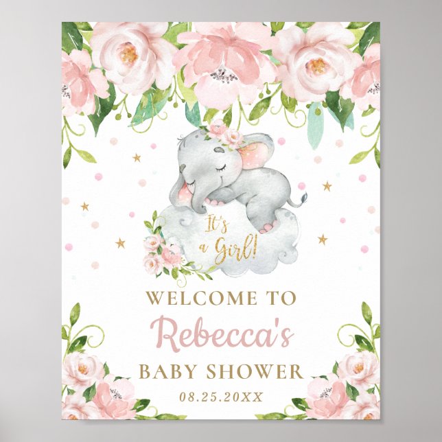 Cute Elephant rose Baby shower Floral Affiche de b (Devant)