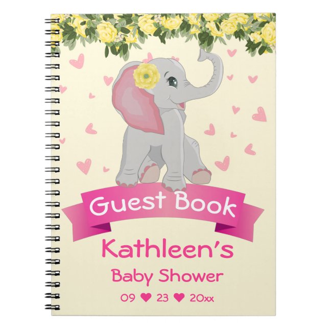Cute Elephant Roses Jaunes Baby shower Livre d'Inv (Devant)