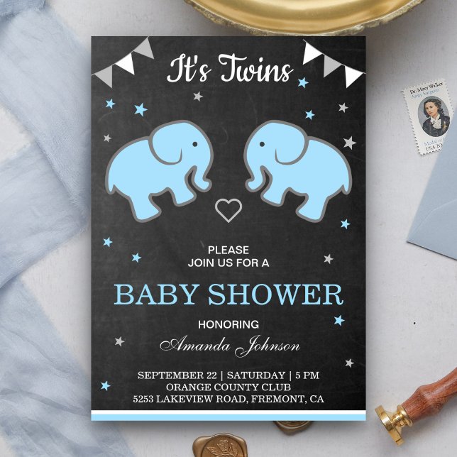 Cute Elephants Twin Boys Baby shower Invitation (Créateur téléchargé)