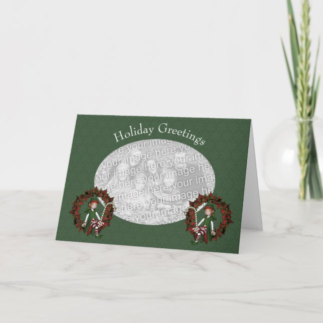 Cute Elf Poinsettia Wreath Carte photo de vacances (Devant)