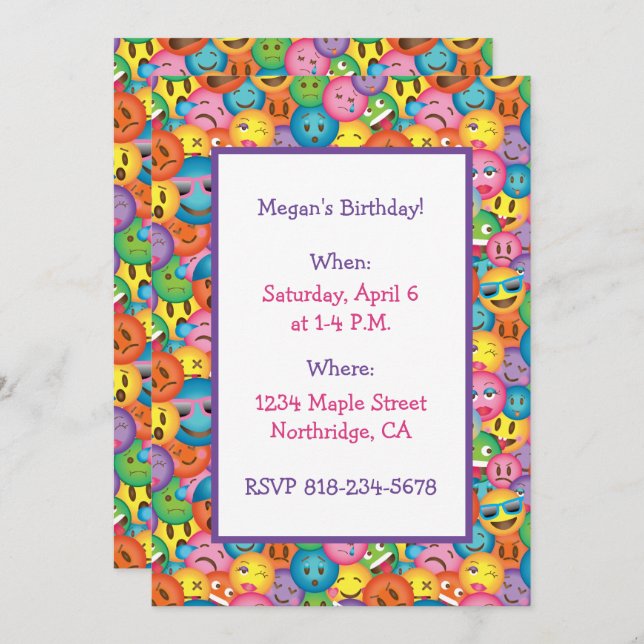 Cute Emoji Imprimer Invitation (Devant / Derrière)