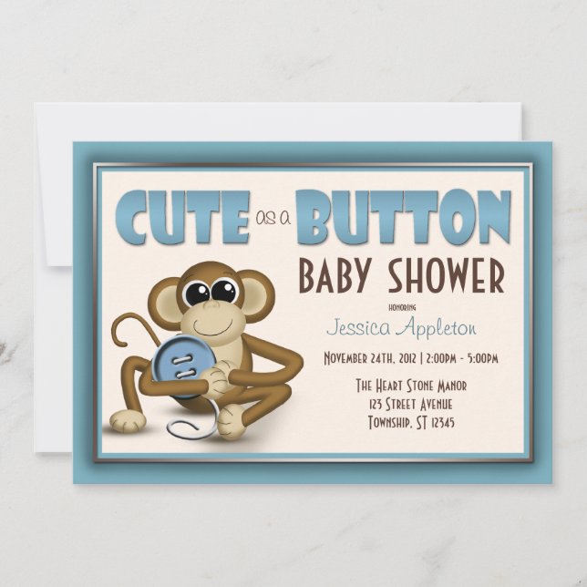 Cute en Baby shower Bleu Bouton Invitation (Devant)