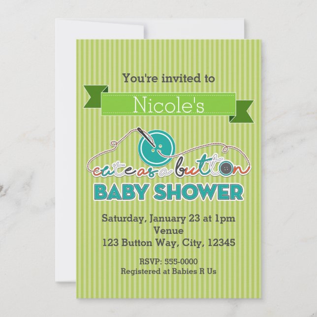CUTE EN BOUTON Green Baby Shower Invitations (Devant)