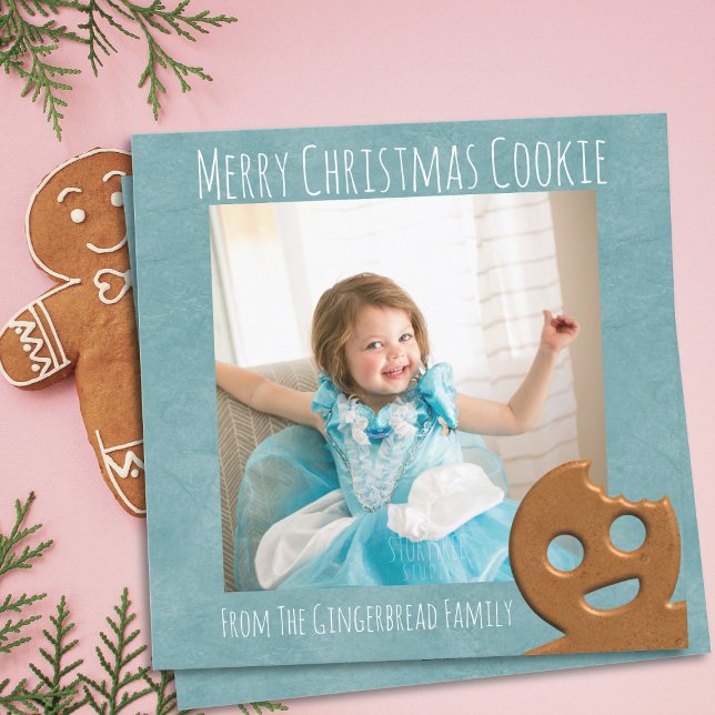 Cute en pain d'épices Homme Joyeux Noël Carte de v (Upload your cute cookie and add your family name to this teal holiday card)