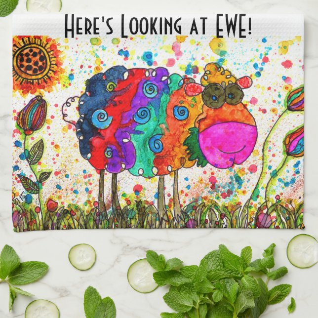 Cute et coloré Sheep serviette de cuisine (Plié)