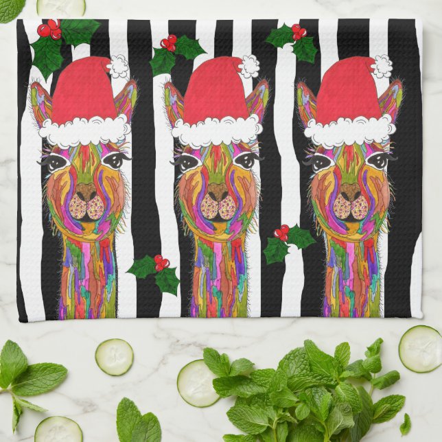 Cute et colorée Llama Noël serviette de cuisine (Plié)