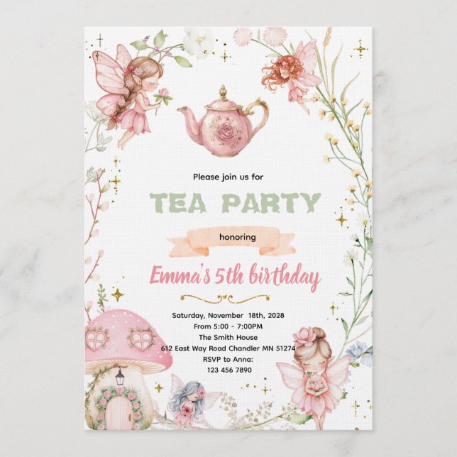 Cute fairy tea party invitation (Devant)