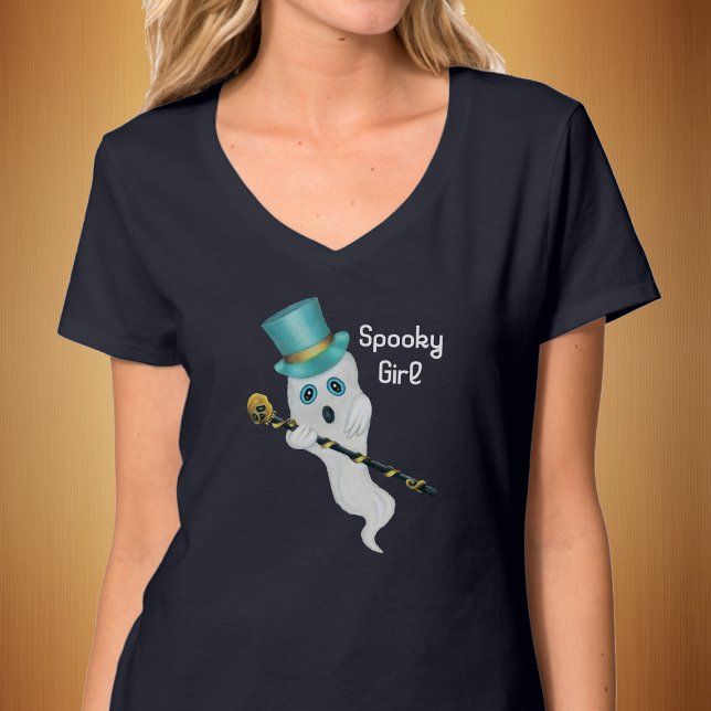 Cute Fantôme Bleu Haut Chapeau Ornate Canne crâne  (Spooky girl cute ghost blue eyes in top hat with gold black skull cane on womans tee shirt Halloween)