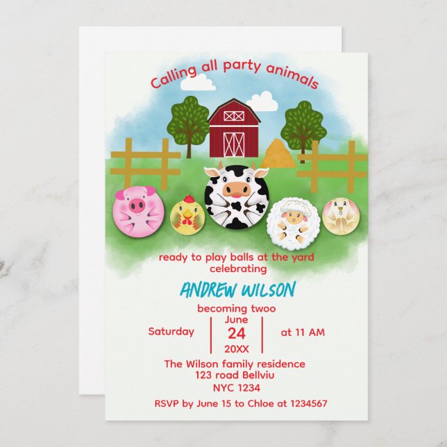 Cute Farm Party Animals Balls Birthday Invitation (Devant / Derrière)