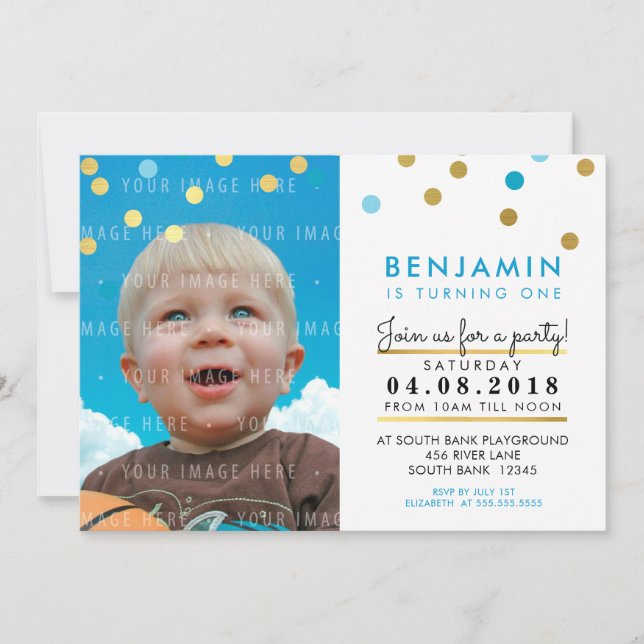 CUTE fête d'anniversaire INVITATION bleu faux or s (Devant)