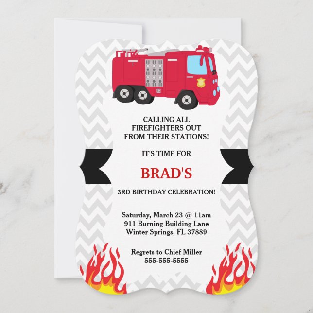 Cute Fire Truck Firefighter Invitation Anniversair (Devant)