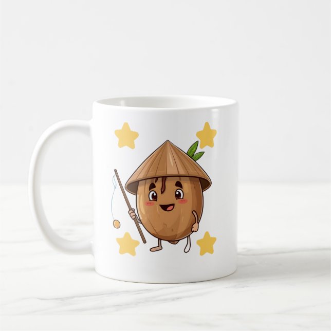 Cute Fishing Coconut with Conical Hat Cartoon Mug (Gauche)