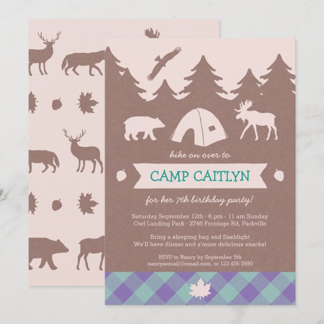 Cute Flannel Girls Camping Invitation de fête d'an (Devant / Derrière)