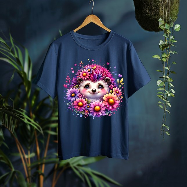 Cute Floral Hedgehog Illustration T-Shirt (Créateur téléchargé)