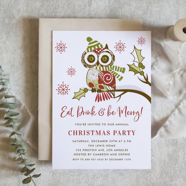 Cute Floral Noël Owl Fête Invitation (Créateur téléchargé)