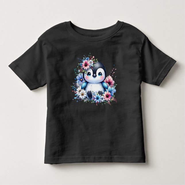 Cute Floral Penguin Pastel Illustration T-Shirt (Devant)