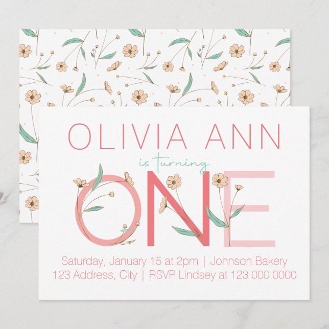 Cute Floral Première Invitation d'anniversaire (Devant / Derrière)