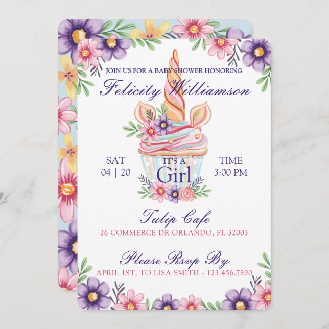 Cute Floral Unicorn Cupcake Baby shower Invitation (Devant / Derrière)