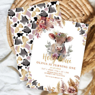 Cute Floral Vache Sainte première invitation anniv