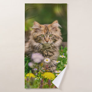 Cute Fluffy Maine Coon Kitten Cat en fleurs Photo