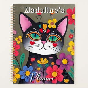 Cute Folk Art Chat et Fleurs Noir Personnalisé