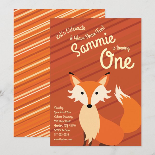 Cute Fox coloré 1er anniversaire Invitations (Devant / Derrière)