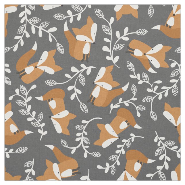 Cute Fox et vignes en tissu gris foncé et orange (Échantillon)