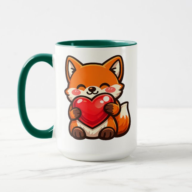 Cute Fox Heart Mug – Kawaii Fox with Red Heart  (Gauche)