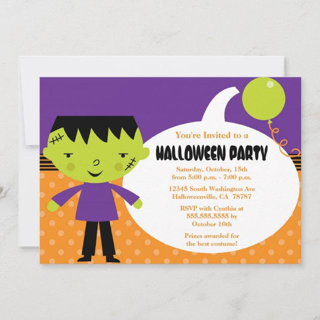 Cute Frankenstein Halloween Costume Invitation (Devant)