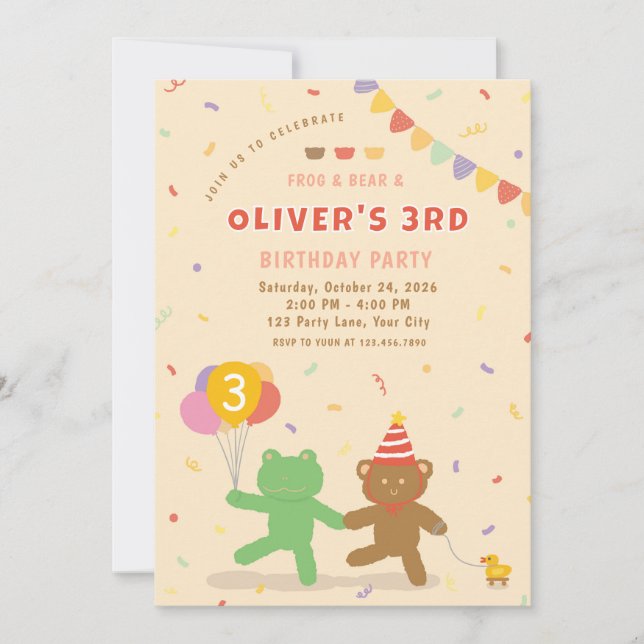 Cute Frog & Bear Birthday Party Invitation (Devant)