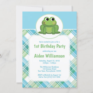 Cute Frog Bleu Vert Plaid Invitations d'anniversai