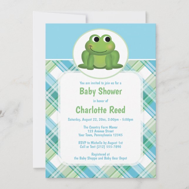 Cute Frog Blue Green Plaid Baby Shower Invitations (Devant)