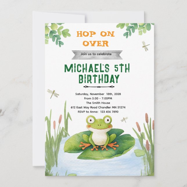 Cute frog toad birthday party invitation (Devant)